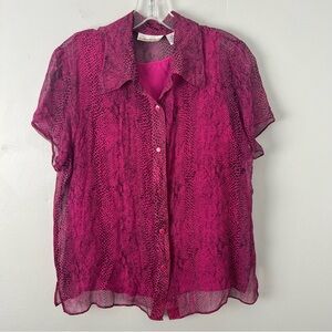 Vintage 100% Silk Pink Sheer Button-Up Top Snake Print Y2K
